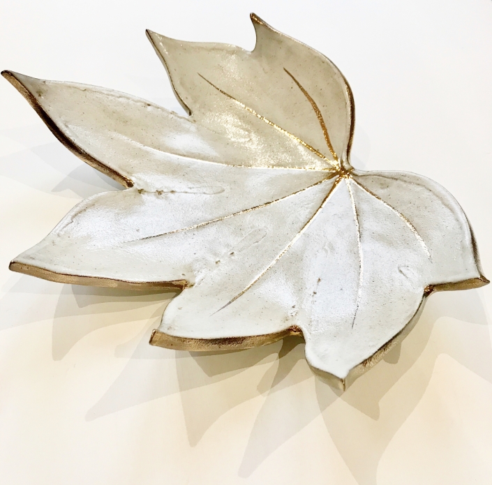 White & Gold Fatsia Leaf Fruit Bowl by Sonya Ceramic Art