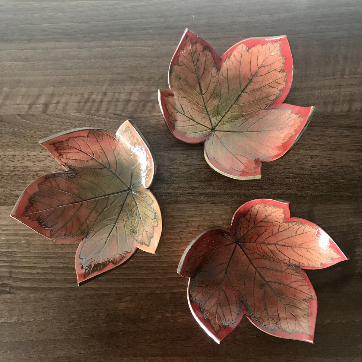 Trio of Autumn Red Sycamore Trinket Dishes by Sonya Ceramic Art