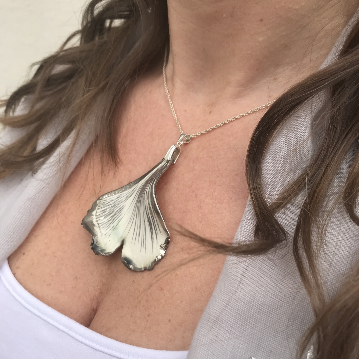 Ginkgo Leaf Pendant with Platinum Edges and Texture by Sonya Ceramic Art