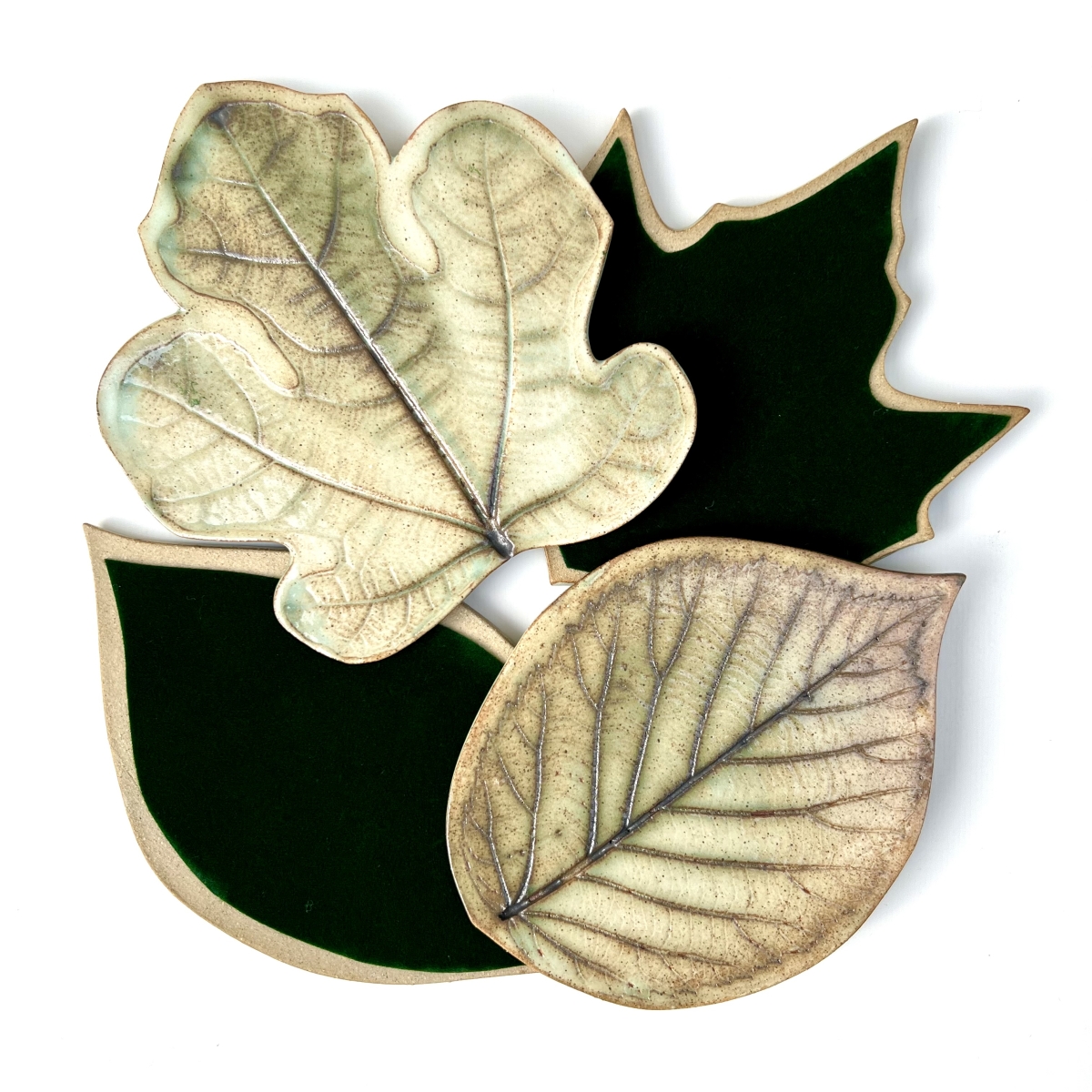 Rustic Green Leaf Coasters By Sonya Ceramic Art (Felt Backed)