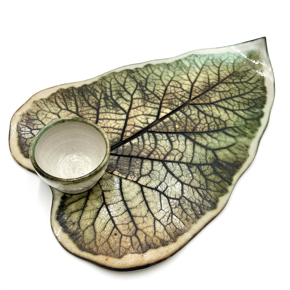 Burdock Leaf Sharing Platter with Condiment Bowl by Ceramics Inspired By Nature