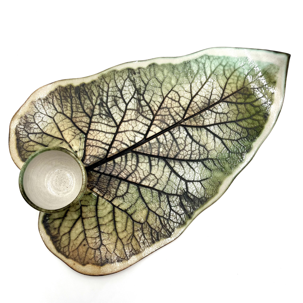 Burdock Leaf Sharing Platter with Condiment Bowl by Ceramics Inspired By Nature