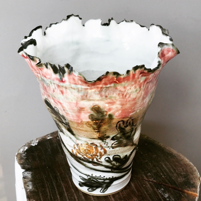 Leaf Vase 'Huahui' by Sonya Ceramic Art showing ripple rim and lustre detail. Bespoke Ceramics for your home.