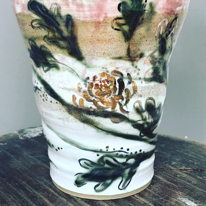 Leaf Vase 'Huahui' showing lustre flowers and leaves by Sonya Ceramic Art