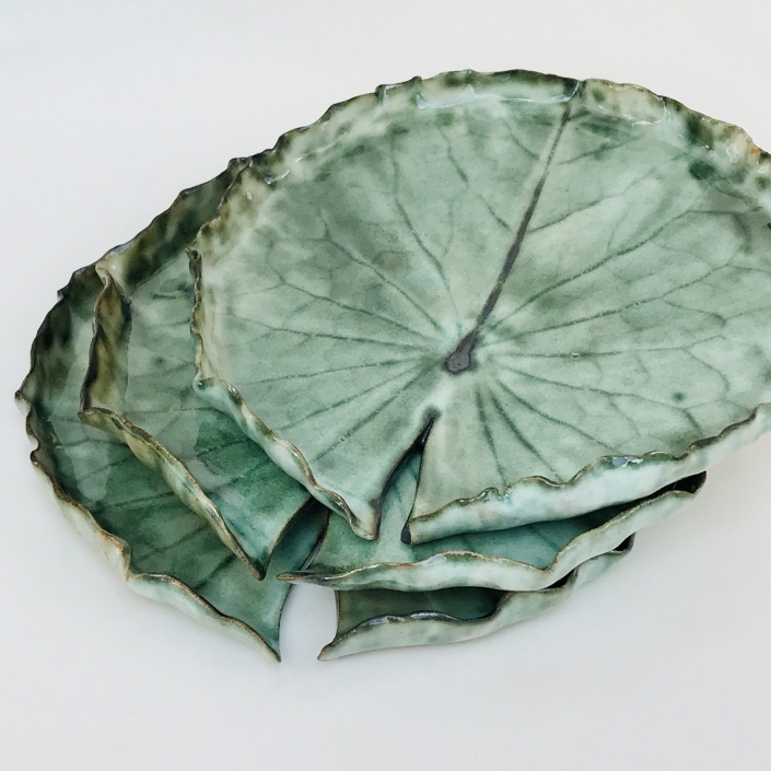 Stack of Pond Lily Leaf Dessert Dishes by Sonya Ceramic Art