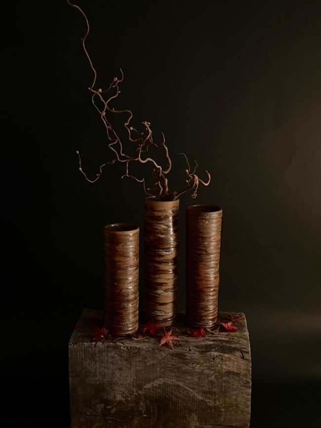 Chinese Red Birch Tree Trunk Vessels (Trio) By Sonya Wilkins Ceramics with Twisted Hazel