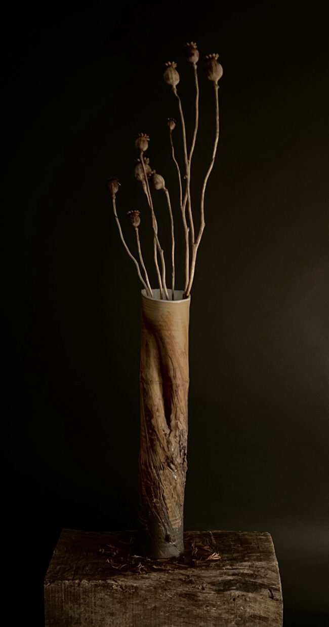 Hawthorn Tree Trunk Vessel (with Poppy Seed Heads) By Sonya Wilkins Ceramics