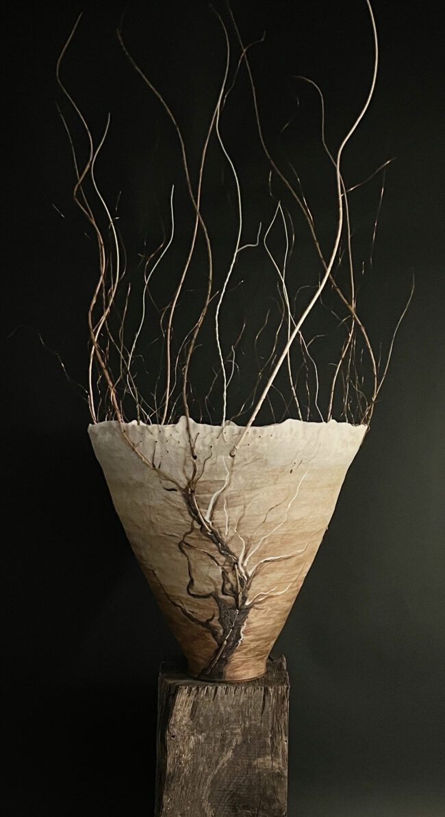 Woven Wire and Willow Tree Vessel By Sonya Wilkins Ceramics