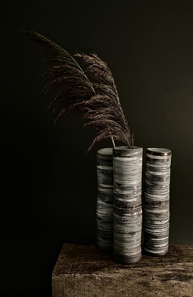 Trio of Silver Birch Tree Trunk Vessels (with Grasses) By Sonya Wilkins Ceramics