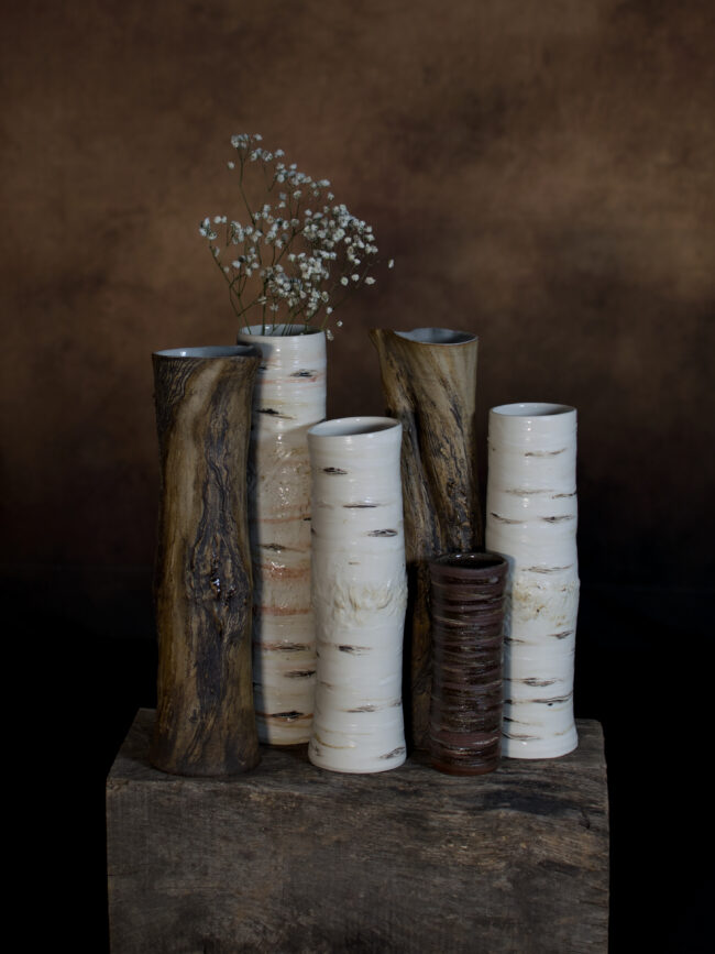 Mixed Tree Trunk Vessels By Sonya Wilkins Ceramics 2025 (with Gypsophila)
