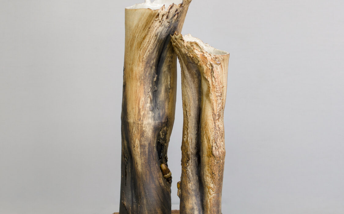 Pair Oak Tree Trunk Vessels with Acorns By Sonya Wilkins Ceramics