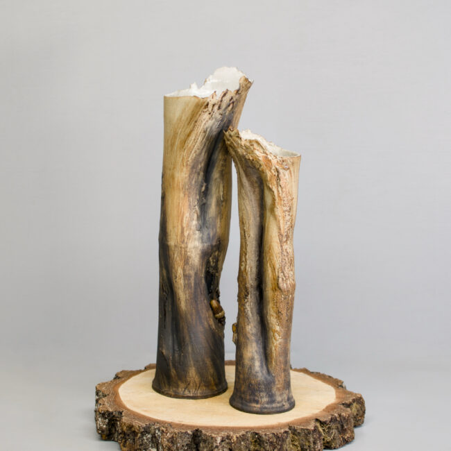 Pair Oak Tree Trunk Vessels with Acorns By Sonya Wilkins Ceramics