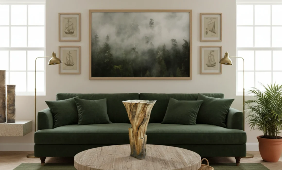 Textural Hawthorn Ceramic Tree Vessel as a centre piece on a circular wood table in the middle of a lounge interior space with a green velvet sofa in the background