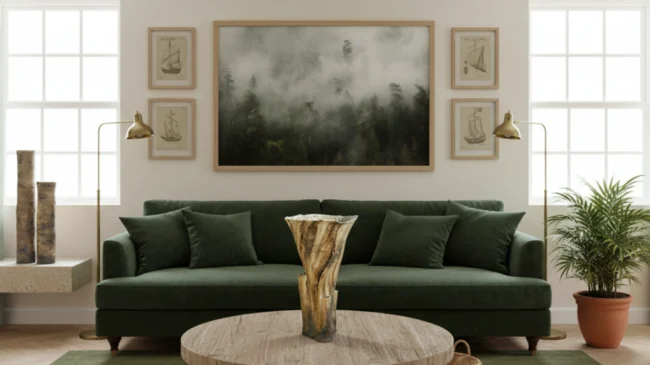 Textural Hawthorn Ceramic Tree Vessel as a centre piece on a circular wood table in the middle of a lounge interior space with a green velvet sofa in the background