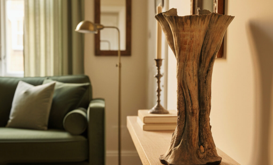 A sculptural ceramic oak tree vessel by Sonya Wilkins Ceramic, sat on a wooden shelf in a contemporary style lounge with a green velvet sofa, lamp stand and complimenting soft furnishings. The vessel is a striking focal point for the interior designer space