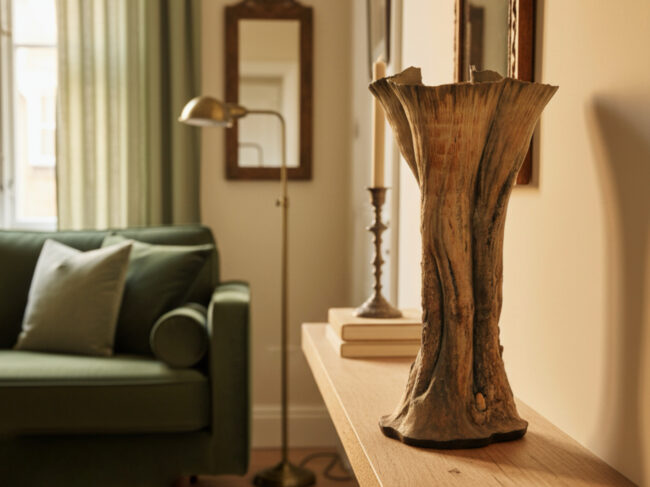 A sculptural ceramic oak tree vessel by Sonya Wilkins Ceramic, sat on a wooden shelf in a contemporary style lounge with a green velvet sofa, lamp stand and complimenting soft furnishings. The vessel is a striking focal point for the interior designer space