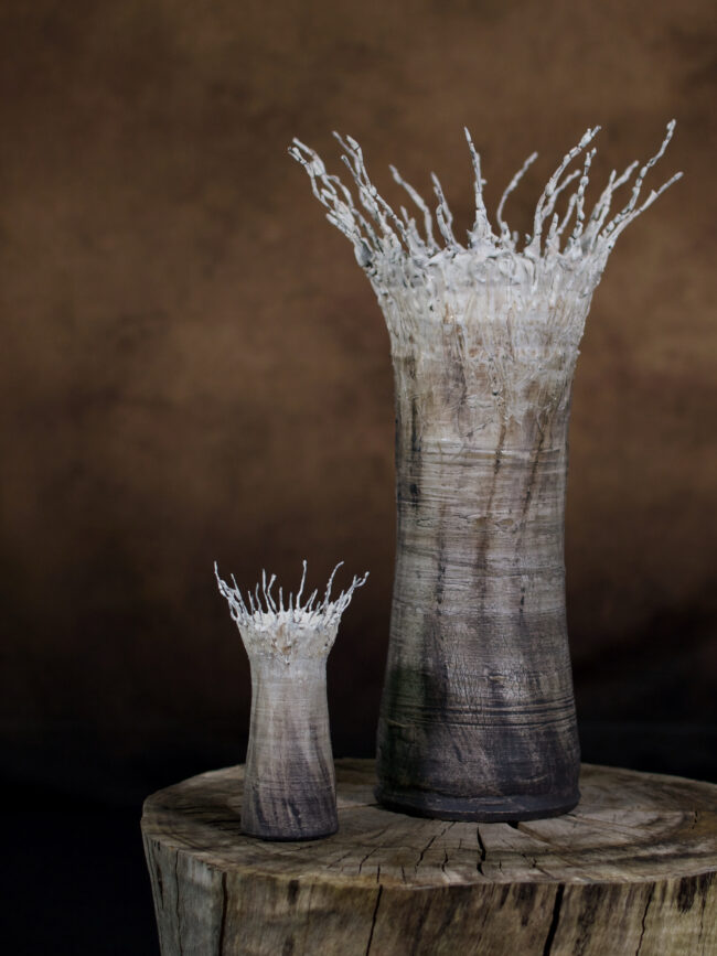 Ceramic and porcelain tree inspired vessel with fine wire and porcelain slip branches reaching upwards, against a brown backdrop by Sonya Wilkins Ceramics